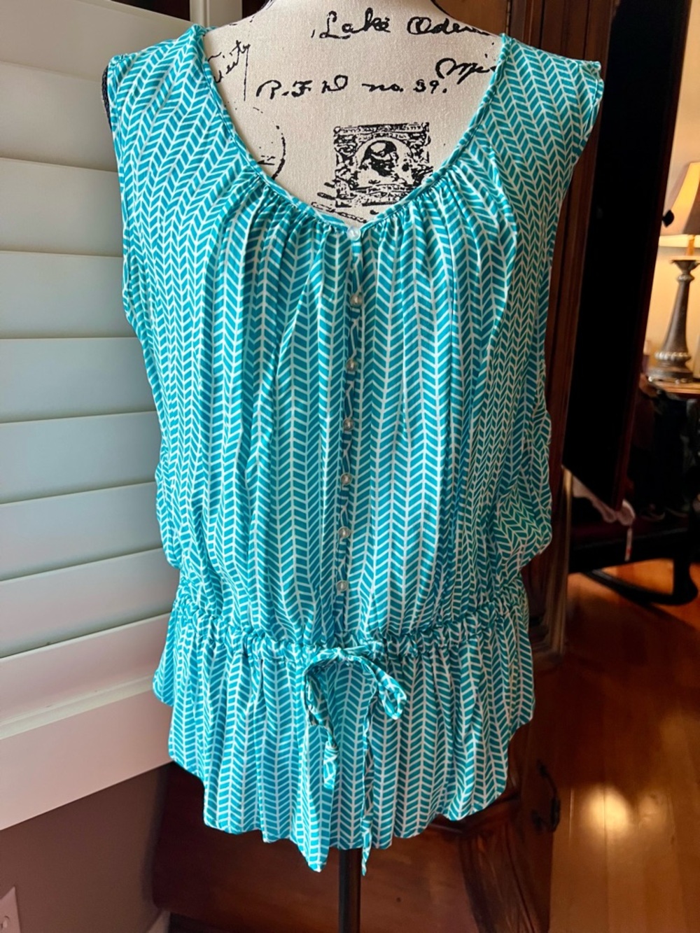 grand & greene Teal and White Chevron Sleeveless Top
